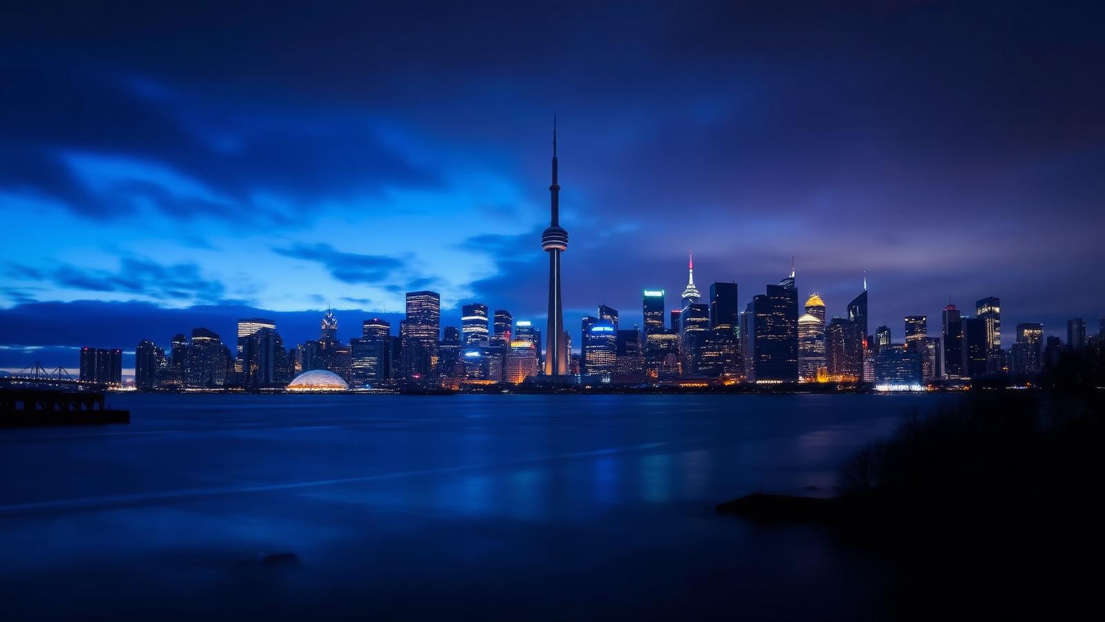 Toronto skyline at blue hour seen across the lake