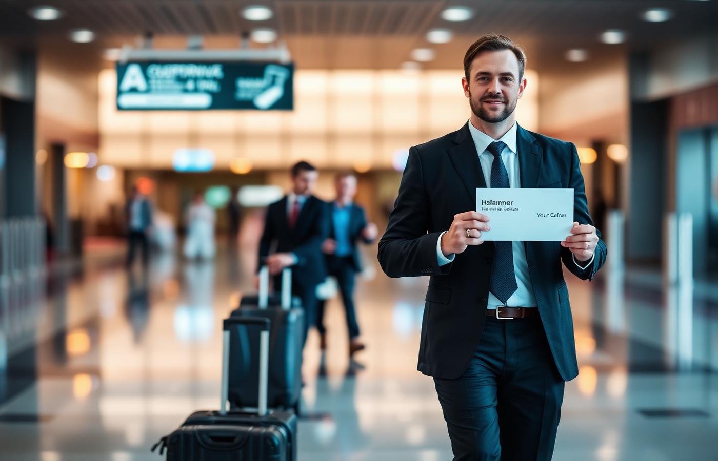 Chauffeur in a dark suit holding a name sign in an airport arrivals hall