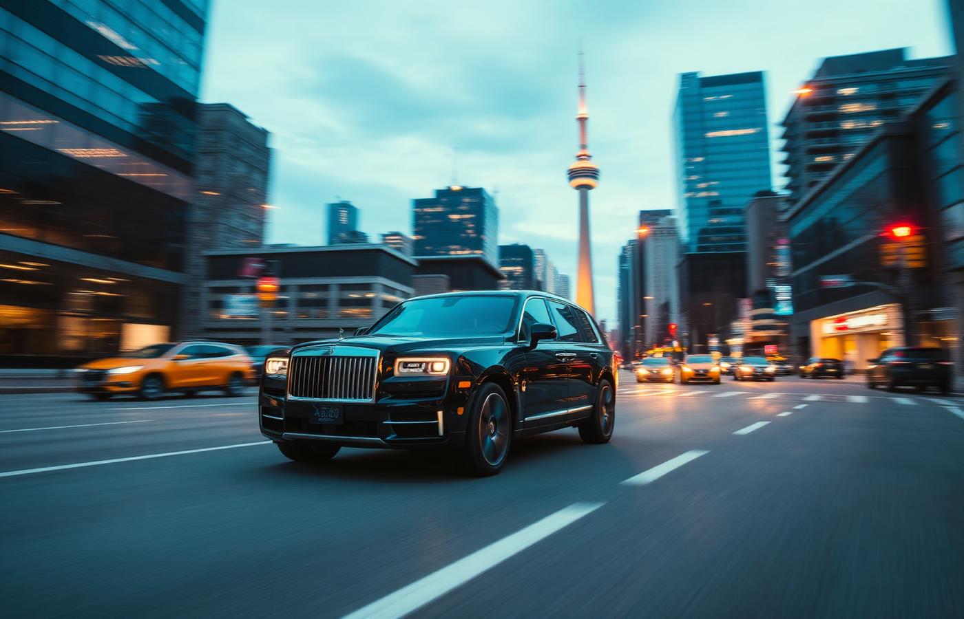 Black luxury SUV driving through downtown Toronto at dusk with the CN Tower behind