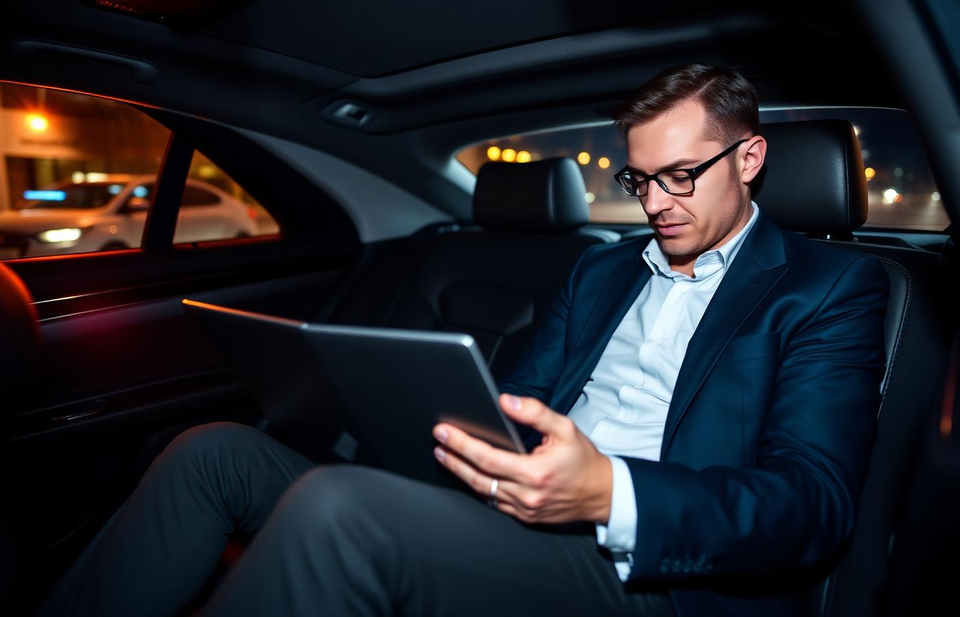 Executive working on a tablet in the back seat of a luxury sedan at night