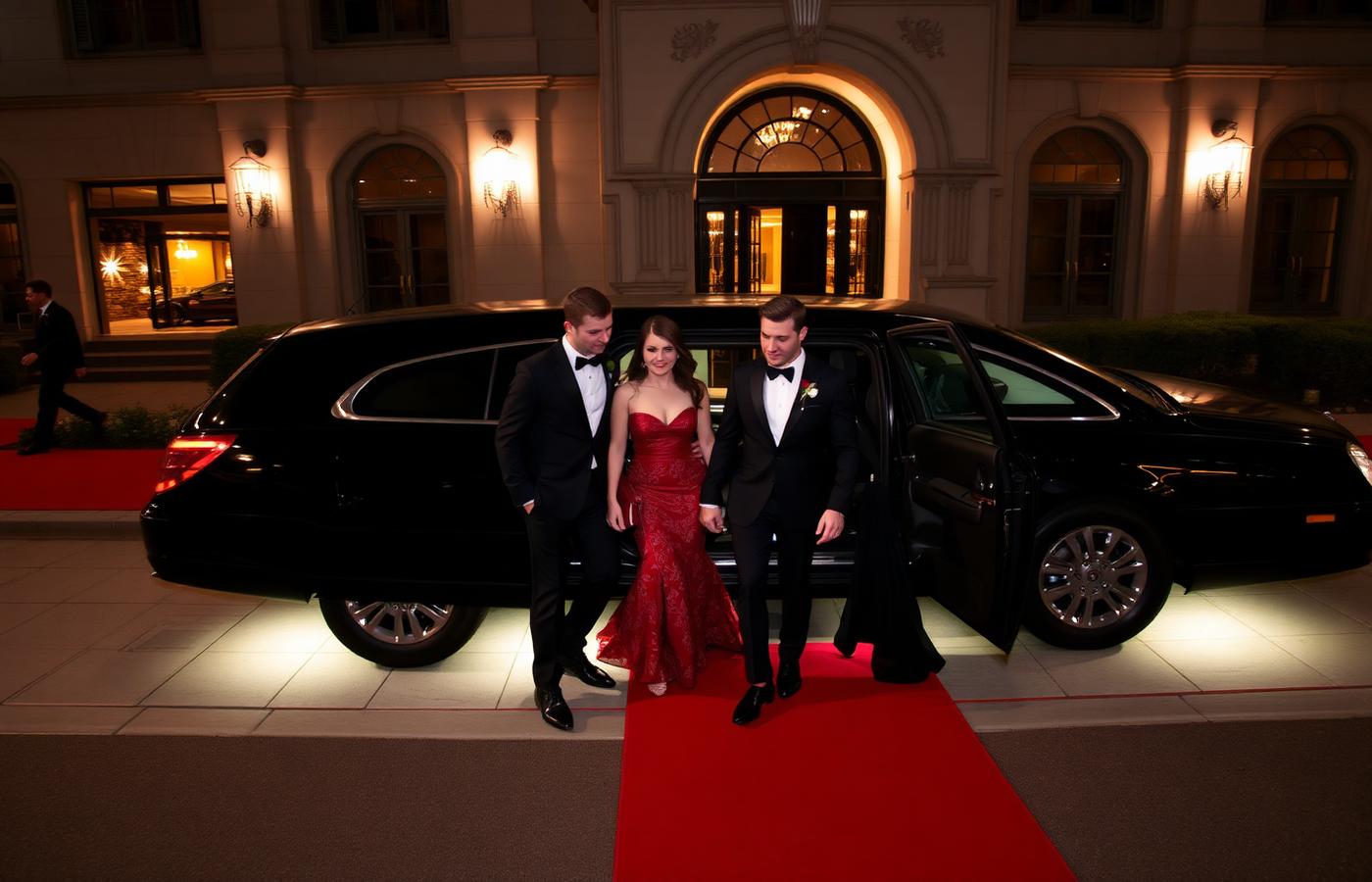 Guests in formal wear stepping out of a black limousine onto a red carpet at night
