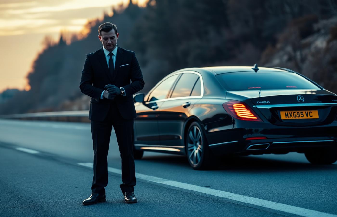 Chauffeur in a dark suit standing beside a black luxury sedan on a highway at sunrise