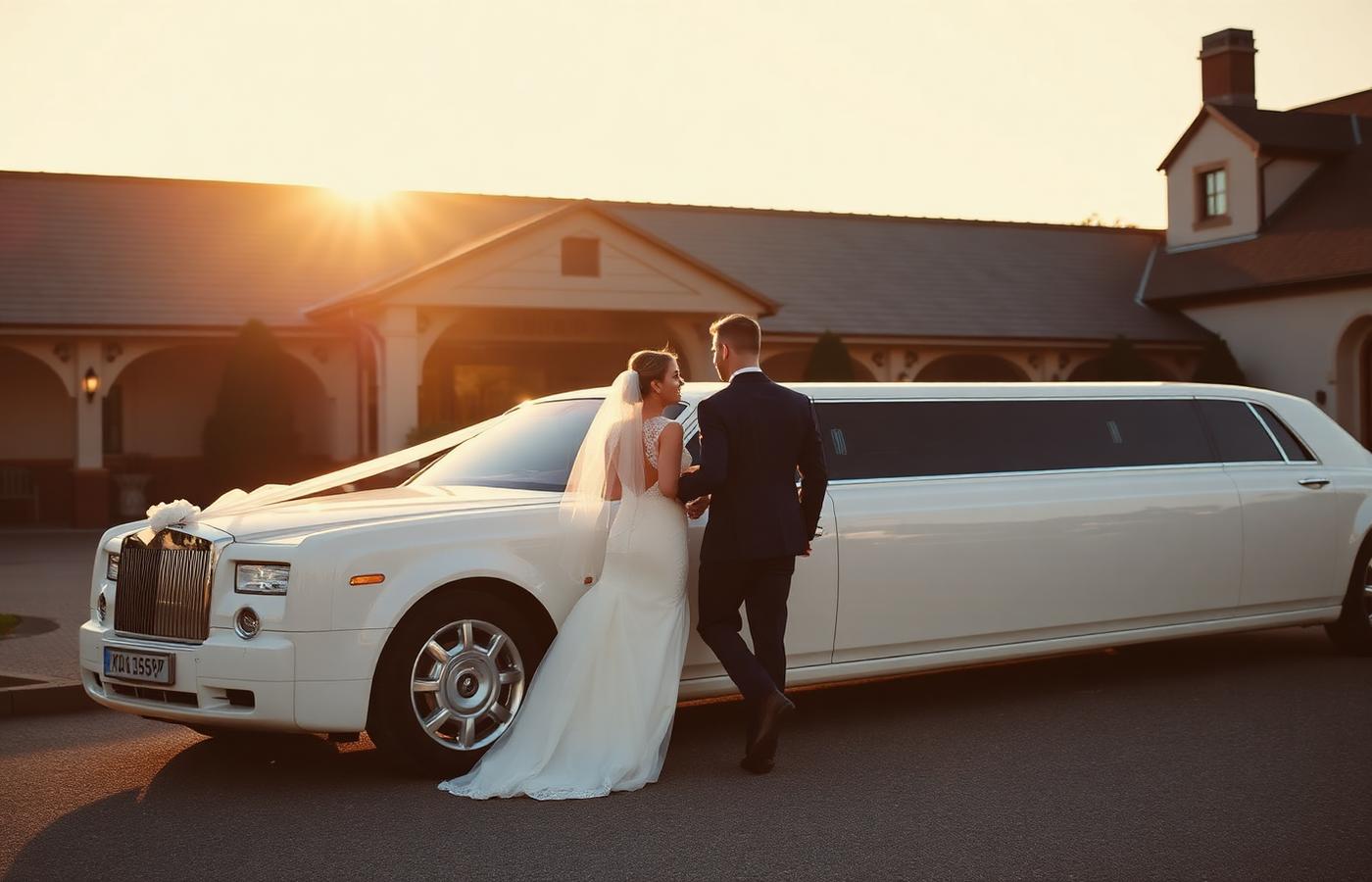 White stretch limousine outside a wedding venue at golden hour with a bride and groom